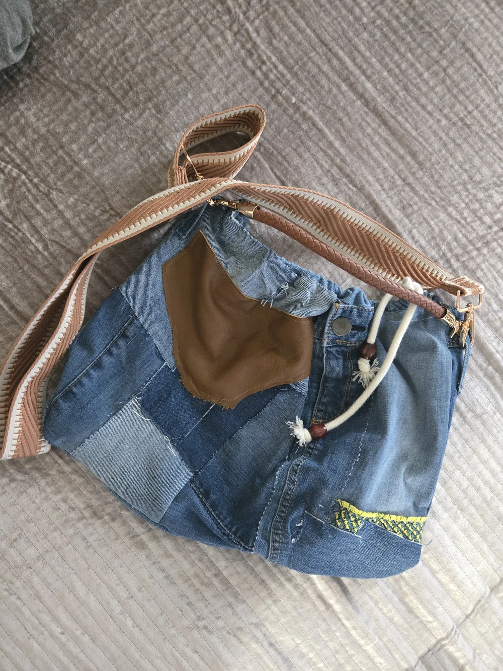 Patchwork Denim Hobo Bag with Tan Accent Leather Touch
